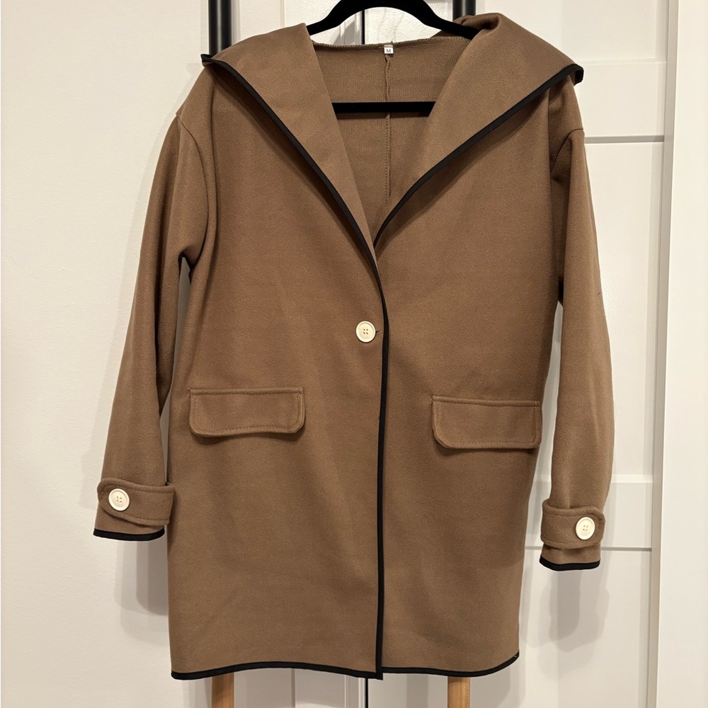 Women’s Brown Overcoat Size M with hood and button long sleeve